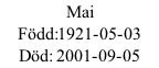 Mai Född:1921-05-03 Död: 2001-09-05