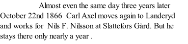 Almost even the same day three years later October 22nd 1866  Carl Axel moves again to Landeryd and works for  Nils F. Nilsson at Slattefors Gård. But he stays there only nearly a year .