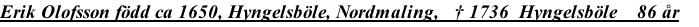 Erik Olofsson född ca 1650, Hyngelsböle, Nordmaling,   † 1736  Hyngelsböle    86 år